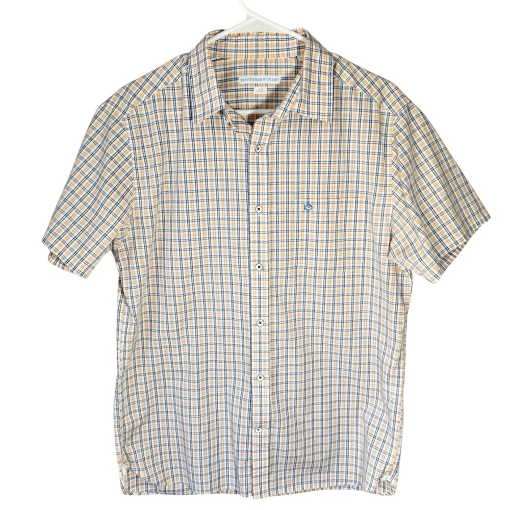 Southern Tide Men’s Yellow Plaid Button-Down Shirt Medium Short Sleeve Fish Logo
